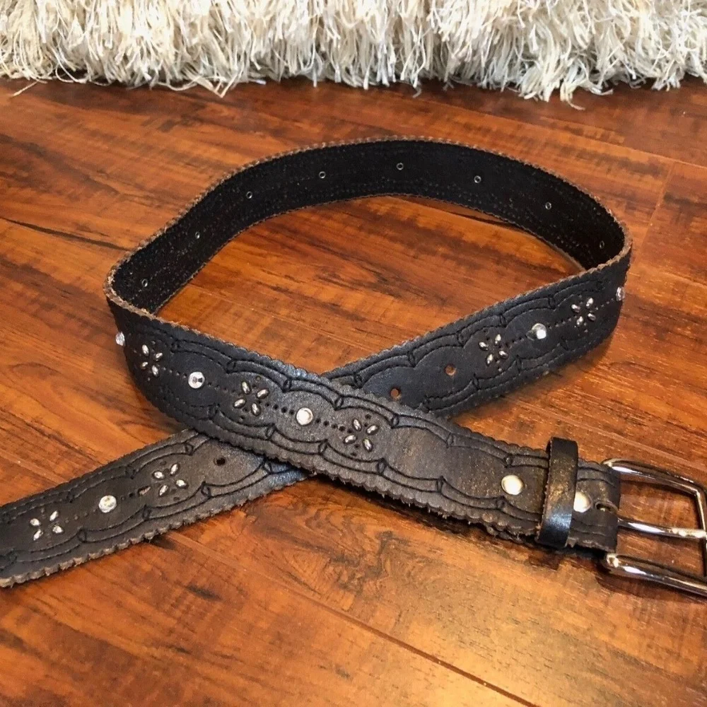 VINTAGE Boho Rocker CHIC Black Silver Studded Gem Layering Belt S/M